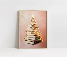 a painting of a christmas tree made out of books with lights on the top and bottom