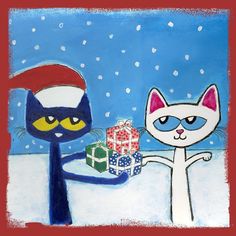 a painting of two cats with presents in their hands and one cat wearing a santa hat