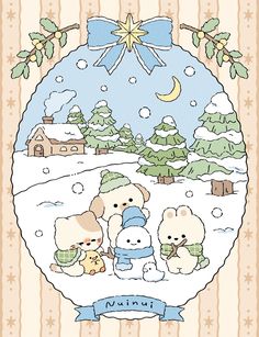 a christmas card with three teddy bears and a snowman in the background, surrounded by pine trees