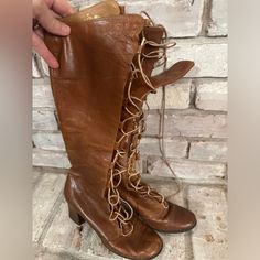 Have Lots Of Age And Wear. Parts Of The Leather On The Heel Is Damaged. Very Hard To Find Boots. We Do Not See A Size Marked On The Boots But The Lady Who Owned Them Wore A Size 7.5 Or 8. Vintage Leather Lace-up Boots With Pointed Toe, Spring Leather Boots With Lacing, Spring Leather Lace-up Boots With Low Heel, Vintage Leather Lace-up Boots For Spring, Vintage Leather Lace-up Boots With Reinforced Heel, Vintage Lace-up Fall Heels, Pointed Toe Leather Boots With Lacing, Leather Boots With Lacing And Pointed Toe, Spring Formal Leather Lace-up Boots