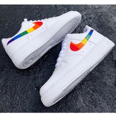 Custom Rainbow Nike Air Force 1s Please Buy Correct Size! No Returns/Refunds/Exchanges!!!! Custom Made! Nike Air Force 1 Low’s Are One Of The Cleanest And Best Sneakers Around With A Slightly Cheaper Price Tag! Combined With The Simple Rainbow Colour-Way They Become A Customised Wonder And A Pair Of Kicks Any Sneakerhead Can Rock With Confidence With Any Outfit! This Design Is Painted Using Angelus Acrylic Leather Paints For The Highest Quality Finish Possible On Custom Shoes! Rainbow Nikes, Custom Nike Shoes, Air Force 1 Custom, Custom Nikes, Painted Shoes, Custom Sneakers, Dream Shoes, High End Fashion, Shoe Style