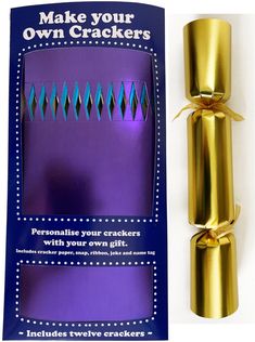 a purple cracker with a gold bow on it's end and an ad for crackers