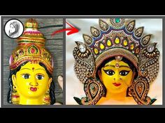 two pictures of the same face and head, one is painted yellow with red accents