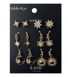 Accessorize with the 6ct Moon & Star Stud Earrings by Hildie & JoAdd a touch of celestial charm to your outfit with this set of six silver earrings featuring moons and stars Whether you prefer studs or dangles, this collection has something for everyone Each earring is carefully crafted with zinc alloy, glass, and iron to ensure durability and longevity Product DetailsDimensions: N/AContent: zinc alloy, glass, ironColor: SilverQuantity: 6 pairs Moon And Sun Earrings, Moons And Stars, Sun Earrings, Star Stud Earrings, Moon And Sun, Star Earrings Stud, Fancy Jewelry, Moon Star, Accessories Jewelry Earrings