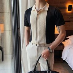 They are really cute 🥰 Patchwork Shirt Men, Streetwear Fashion Male, Style Gentleman, Yellow Polo Shirt, Business Casual Top, Knit Polo Shirt, Foto Tips, Knit Polo, Polo Sweater