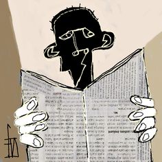 a drawing of a man reading a book with one hand on his face and the other holding an open book