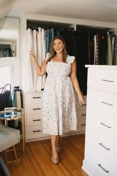 DRESS (L) | SANDALS | HOOPS  It’s timeto finally revealthe closetWhile we were house hunting, we knew we'd need a space for me to use as a functional closet. Before moving back in September, I had several rolling racks and bins of clothes, shoes and accessories in our basement, where I kept most of my closet items, rotating them seasonally. My wardrobe is a huge part of my job, so not only did this space need to be beautiful but also functional! I want to preface this post and reiterate tha Haldi Function Decoration, Functional Closet, Closet Tour, Feminine Wardrobe, Simple Frocks, California Closets, Mother Of Groom Dresses, Perfect Closet, My Wardrobe