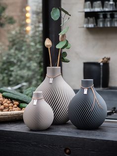 three vases sitting on top of a table next to each other with plants in them