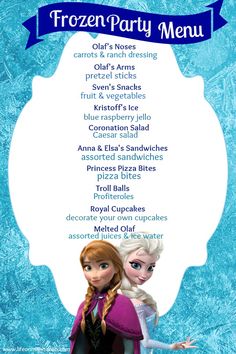 frozen party menu with two frozen princesses