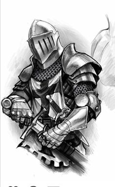 a black and white drawing of a knight