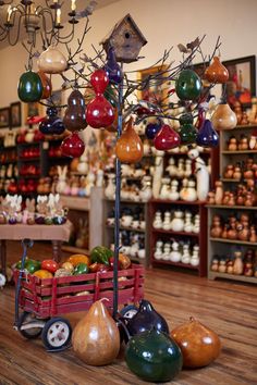 a display in a store filled with lots of different types of fruits and vegetables on wooden floors