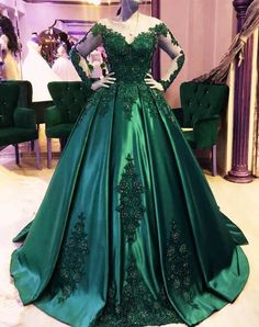 Ball Gown Emerald Green Long Sleeve Party Dresses With Lace sold by lovingdress on Storenvy Dark Green Ball Gown, Emerald Wedding Dresses, Long Sleeve Quinceanera Dresses, Green Quinceanera Dresses, Green Ball Gown, Green Wedding Dresses, Junior Prom Dresses, Gown Plus Size, Satin Evening Dresses