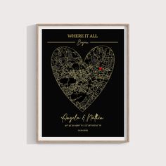 a black and gold heart shaped map print with the words where it all is located