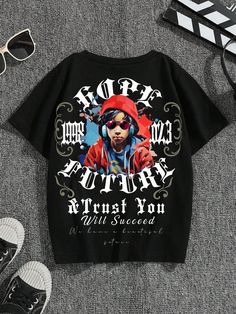 Multicolor Casual Collar Short Sleeve Knitted Fabric Figure,Letter  Embellished Medium Stretch  Young Boys Clothing Fall Streetwear Printed T-shirt, Printed T-shirt For Fall Streetwear, Hip Hop Style Slogan Tops For Fall, Hip Hop Text Print Tops For Fall, Figure Graphic Tee, Boys Top, Boys Clothing, Boys T Shirts, All Fashion