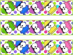 two rows of colorful cartoon characters with polka dots on green and white background, each one has