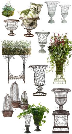 several different types of planters and vases with plants in them, all hanging from the ceiling