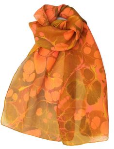 Gold ochre, yellow, orange and pink marbled silk scarf. It can be used as a neck scarf or headband. The fabric is called pongee. It's a very soft, lightweight, 5mm, semi transparent, 100% silk.  Marbling is an centuries old craft originating in Asia. Colours are floated upon a solution, manipulated with various tools and then transferred to fabric, paper or wood. The resulting designs are free-flowing, unusual and can resemble many organic patterns. Of course no two patterns will be exactly the Elegant Yellow Summer Scarf, Bohemian Orange Silk Dupatta, Elegant Yellow Dupatta For Summer, Gold Silk Scarf For Spring, Brown Silk Scarf For Summer, Orange One Size Scarves, Yellow Silk Scarves For Spring, Handmade Silk Scarf For Summer, Summer Yellow Silk Dupatta