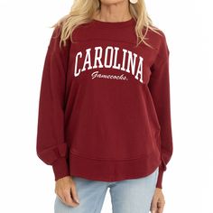 Spruce up your wardrobe by grabbing this South Carolina Gamecocks Yvette Pullover Sweatshirt. This sweatshirt has a relaxed fit for maximum comfort, and the balloon sleeves add plenty of style. Complete with distinct South Carolina Gamecocks graphics, this midweight top is just what you need for game day. Relaxed Fit Long Sleeve Sweater For Casual Wear, Collegiate Crew Top In French Terry, Casual Fall Campus Sweatshirt, Casual Fall Sweatshirt For Campus, Fall Campus Crew Neck Tops, Collegiate Relaxed Fit Sweatshirt For Fall, Crew Neck Tops For Campus Fall Season, Crew Neck Tops For Campus In Fall, Fall Campus Relaxed Fit Sweater