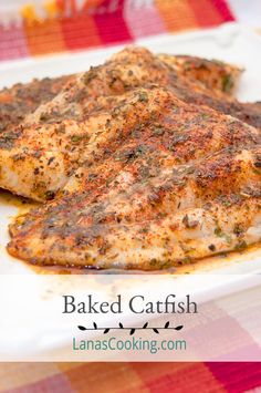 baked fish on a white plate sitting on a checkered tablecloth with text overlay