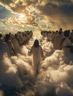 a large group of people in white robes are walking through the clouds with their arms outstretched