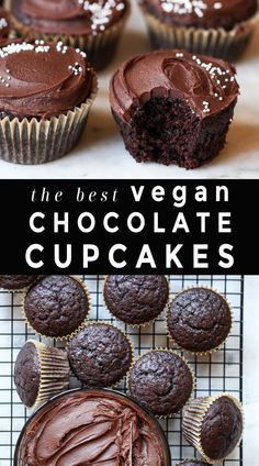 Two photos of vegan chocolate cupcakes with frosting and white sprinkles with text overlay that reads "the best vegan chocolate cupcakes" Moist Vegan Cupcakes, Easy Vegan Chocolate Cupcakes, Healthy Vegan Chocolate Muffins, Dairy Free Chocolate Cupcake Recipe, Healthy Vegan Chocolate Desserts, Cupcake Recipes Dairy Free, Healthy Vegan Cupcakes, Vegan Black Forest Cupcakes