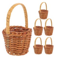 four wicker baskets with handles are shown in different sizes and shapes, including one for each basket