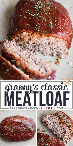 the meatloaf has been sliced and is ready to be eaten with text overlay