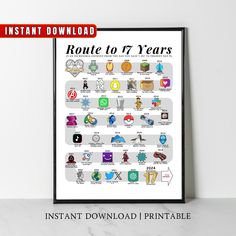 a poster with the words route to 70 years on it and an image of icons