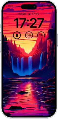 an iphone screen showing the time and weather in front of a waterfall at sunset or sunrise