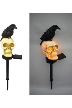 two different types of halloween decorations, one with a skull and the other with a crow on it