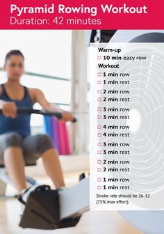 a woman on a stationary rowing machine with the text, pyramid rowing workout for duraton 42 minutes