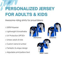 Specially designed for proud bikers. Let's wear this awesome jersey shirt and be bold. PERSONALIZED RIDING JERSEY: This super cool shirt is exactly what all bikers are looking for. Add your name/number to make it a unique one that bears your own imprints. UPF 30+ SPF PROTECTION: Be confident on your ride with this protective jersey from harmful UVA/UVB rays. UNISEX ADULTS & KIDS: Our riding jerseys are all ideal for men, women & youth bikers. Check the size chart to find your fitted size. COMFOR Motocross Riders, Riding Shirts, Personalized Jersey, Jersey Shirt, Dirt Bike, Super Cool, Motocross, Off Road, Your Name