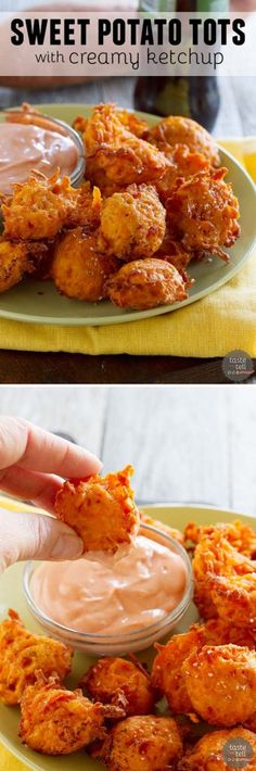 two pictures showing how to make sweet potato bites with dipping sauce on the top and bottom