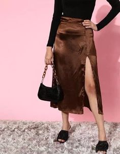 Retro Style High Slit Brown Pure Silk Skirt Open Front Midi Classic Women Skirt Office Skirts, Skirts Elegant, Ladies Office, Chic Skirt, Midi Skirt Outfit, Office Skirt, Neck Pillow Travel, Chic Skirts, Elegant Ladies