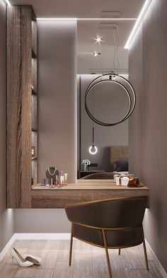 the interior of a modern bathroom is lit up with lights and mirrors, along with an oval mirror on the wall