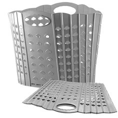 a large metal grate with holes on the bottom and sides, set against a white background