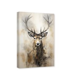 a painting of a deer with large antlers on it's head, in front of a white background