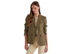 LAUREN Ralph Lauren Herringbone Linen Blazer - Women's Clothing : Olive Fern : A timeless and refined layering piece, the LAUREN Ralph Lauren is a traveler-inspired herringbone blazer. It is cut from sophisticated linen. One front left chest buttoned-flap patch pocket. Two front waist buttoned-flap patch pockets. Classic two-button silhouette. 100% linen; Shell: 100% linen. Dry-clean. Imported. Linen Blazers Women, Herringbone Blazer, Linen Blazer, Layering Pieces, Blazers For Women, Lauren Ralph Lauren, Fern, Herringbone, Patch Pocket