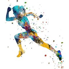 a watercolor painting of a woman running with colorful paint splatters on her body