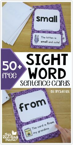 the sight word sentence cards are shown in purple and white with text that reads,