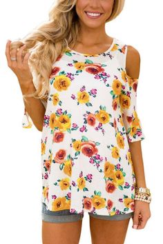 White Yellow Floral Print Cold Shoulder Top #shop #top #tops #fashion #ladylailaboutique #coldshouldertop #sale #womenfashion #womenclothing Floral Print Background, Vintage Floral Blouse, New Style Tops, Tops Short Sleeve, Pink Floral Print, Floral Print Tops, Blouse Vintage, Color Rosa, Trendy Tops