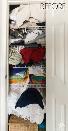 an organized closet with clothes and baskets on the bottom shelf, before and after it was cleaned