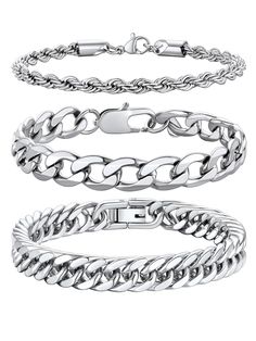 PRICES MAY VARY. 3Pcs Bracelet Chain Sets: The set of 3 cuban/rope link bracelets is a nice addition to any style of clothes for men and women- rugged or casual they look great stacked together, or individually These 2 cuban link chain bracelets come in 8mm,9mm width and the rope chain bracelet's width is 3mm, the length options of 7.4, 8.2, and 9 inches,making it easy to find the perfect size for any wrist These bracelets are made of high-quality stainless steel, and the gold or black plating o Mens Accessories Bracelet, Bracelets Chain, Mens Chain Bracelet, Stainless Bracelet, Chain For Men, Silver Bracelets For Women, Trendy Bracelets, Mens Bracelet Silver, Bracelets Set