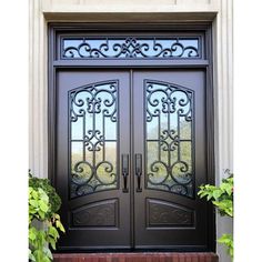 glory thermal break square top wrought iron front double door with transom Double Front Entry Doors, Wrought Iron Front Door, Iron Front Door, Iron Entry Doors, Metal Doors Design, Iron Door Design, Double Front Doors, Window Grill Design, Double Entry Doors