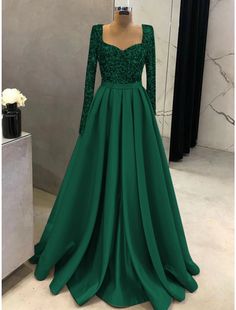 A-Line Evening Gown Sparkle & Shine Black Dress Formal Fall Sweep / Brush Train Long Sleeve Square Neck Satin with Glitter Pleats Occasion Dresses Wedding Guest, Gown Elegant, Dresses Formal Elegant, Black Dress Formal, Evening Gowns Elegant, Bridesmaid Dresses Prom, Wholesale Dress, Dress Formal, Wedding Bridesmaid Dresses