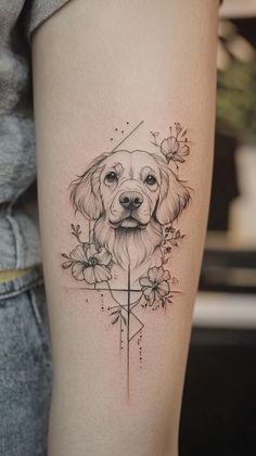 a dog with flowers on it's leg and an arrow in the middle is shown