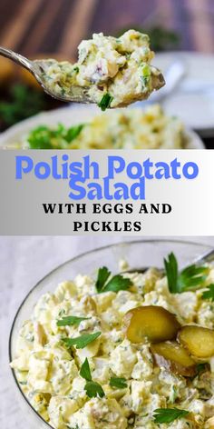 potato salad with eggs and pickles in a glass bowl