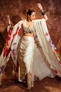 Shop for these amazing collections of Ivory Chiffon Abstract Floral Open Placement Cape For Women by Saaksha & Kinni online at Aza Fashions. वेस्टर्न ड्रेस, Cape For Women, Indian Bridesmaid Dresses, Haldi Outfits, Trendy Outfits Indian, Mehendi Outfits, Indian Outfits Lehenga, Traditional Indian Dress, Indian Dresses Traditional