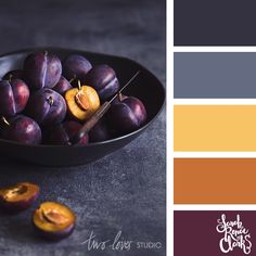 plums in a bowl on a table with color swatches and the words, that loves studio