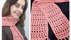 a woman wearing a pink crocheted scarf and smiling at the camera, next to an image of her handmade shawl